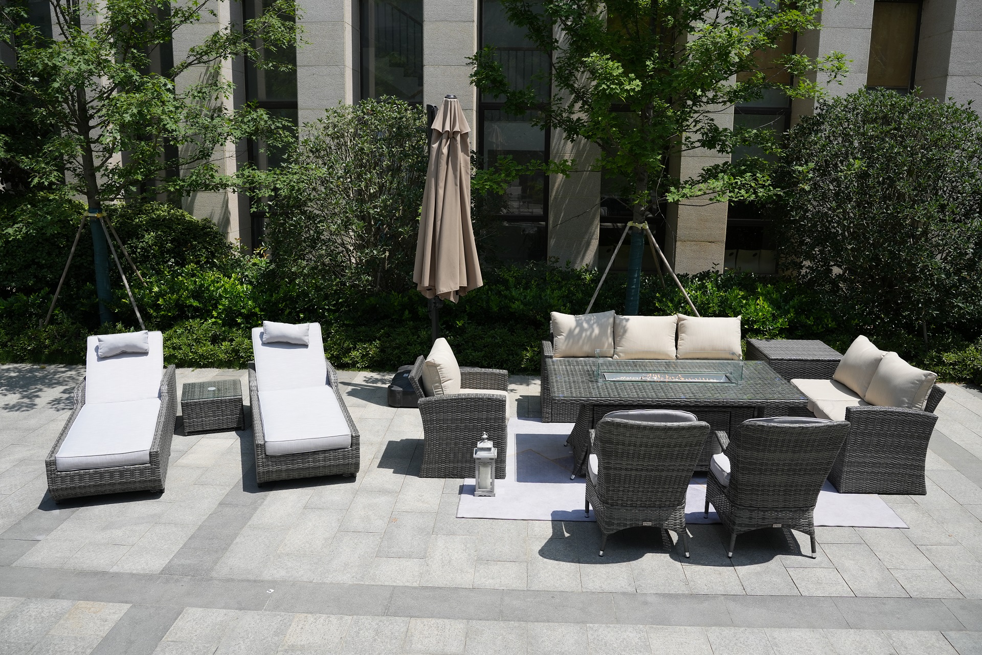 Wicker Patio Gray Wicker Conversational Seating Set with Rectangular Glass Fire Pit Table and Back Chair (Patio Set Option)