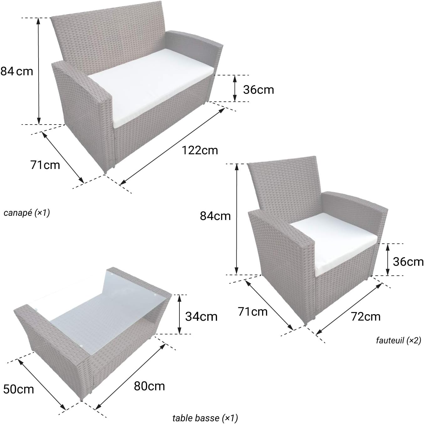 Happy Garden garden furniture COMINO in black resin wickerwork, 4 seats - gray cushions