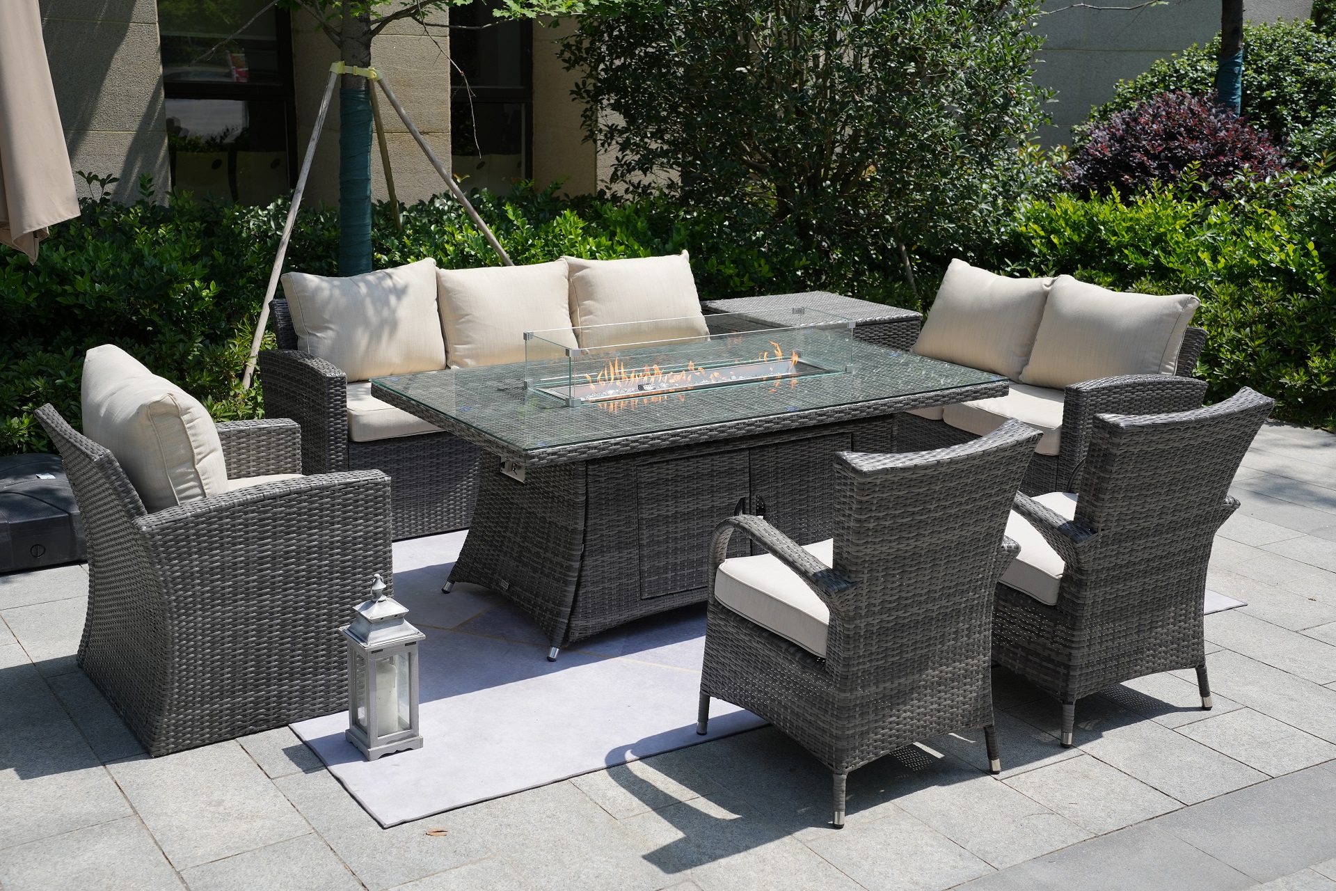 Wicker Patio Gray Wicker Conversational Seating Set with Rectangular Glass Fire Pit Table and Back Chair (Patio Set Option)