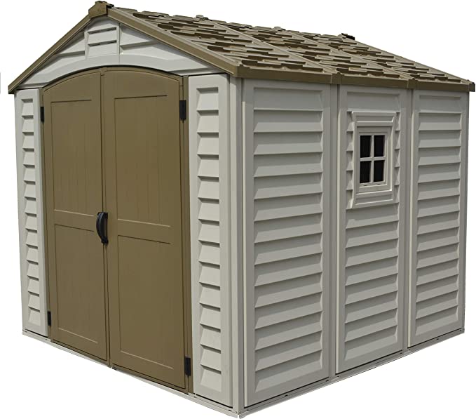 Duramax DuraPlus 8’ x 8’ Plastic Garden Storage Shed | Adobe & Brown| Fire Retardant & All-Weather Outdoor Solution | Store Bikes, Tools, BBQ & Home Gym| Strong Structure & Maintenance-Free Vinyl Shed